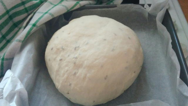 me. Pak jsi vezmeme formu a těsto dáme do ní. Samozřejmě uděláme s těsta bochánek. Necháme 5 minut ještě vykynout.